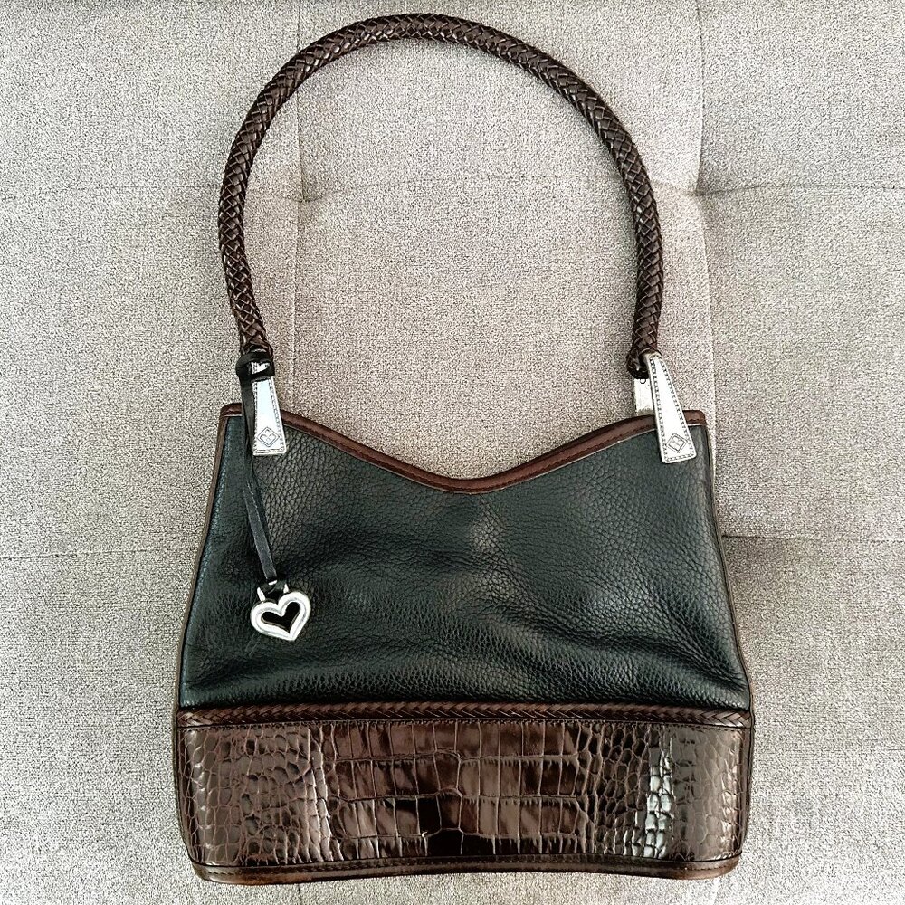 Brighton Vintage Two-Tone Croc Leather Bucket Bag Shoulder Purse w/ Iconic Heart